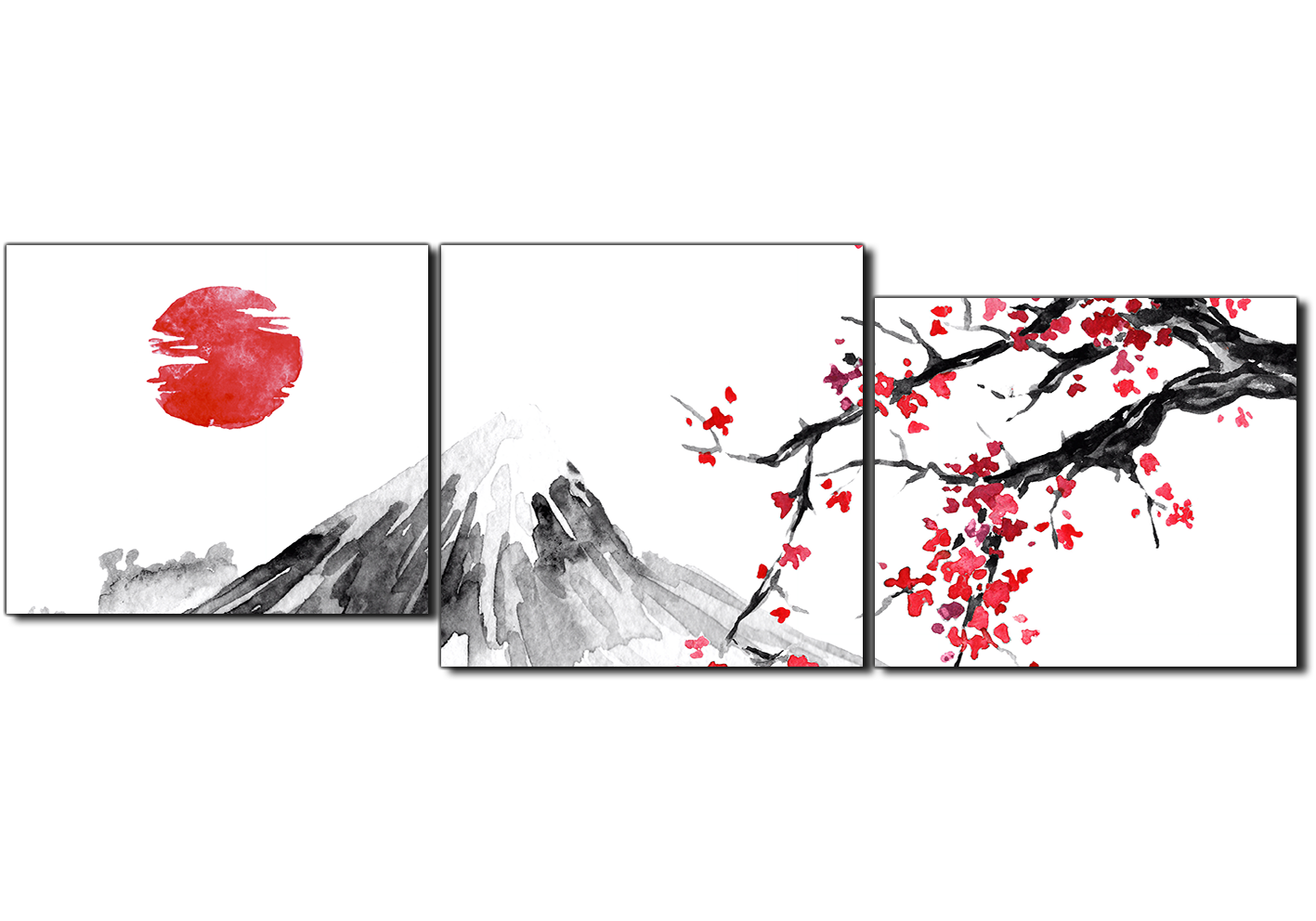 Obraz na plátně - Tradiční sumi-e obraz: sakura, slunce a hory - panoráma Obraz na plátně - Tradiční sumi-e obraz: sakura, slunce a hory - panoráma
